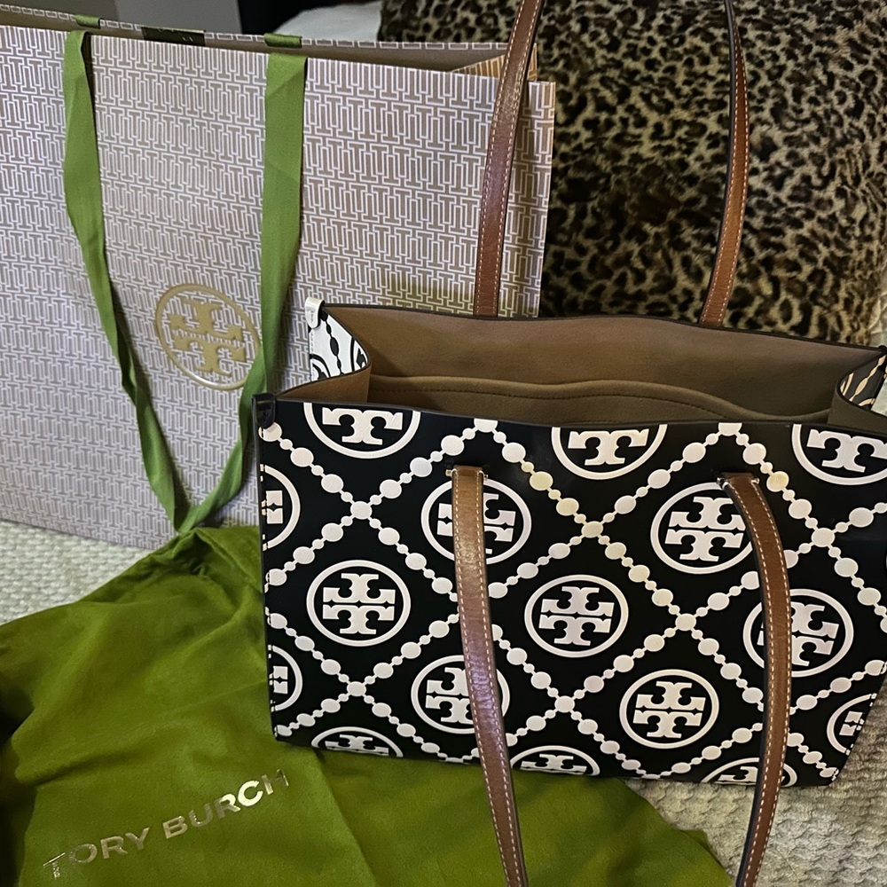 Tory Burch Black and Cream Patterned Tote
